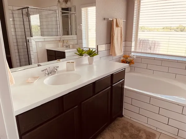 a bathroom with a bathtub sink vanity and a mirror