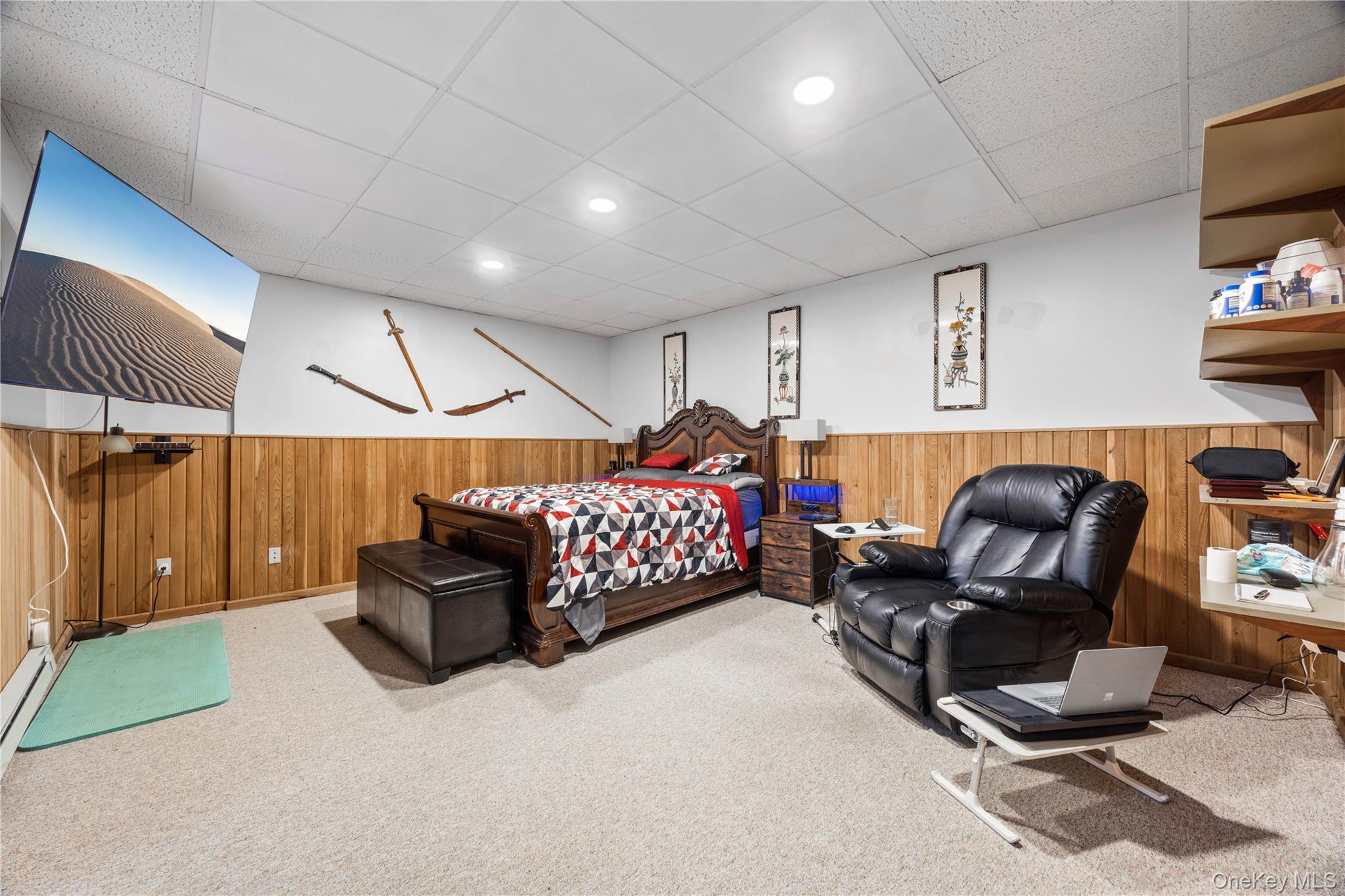3 Miller Road Putnam Valley, NY 10579 - Photo 41 of 48 Carpeted room featuring wood-paneled wainscoting, recessed lighting, and a drop ceiling