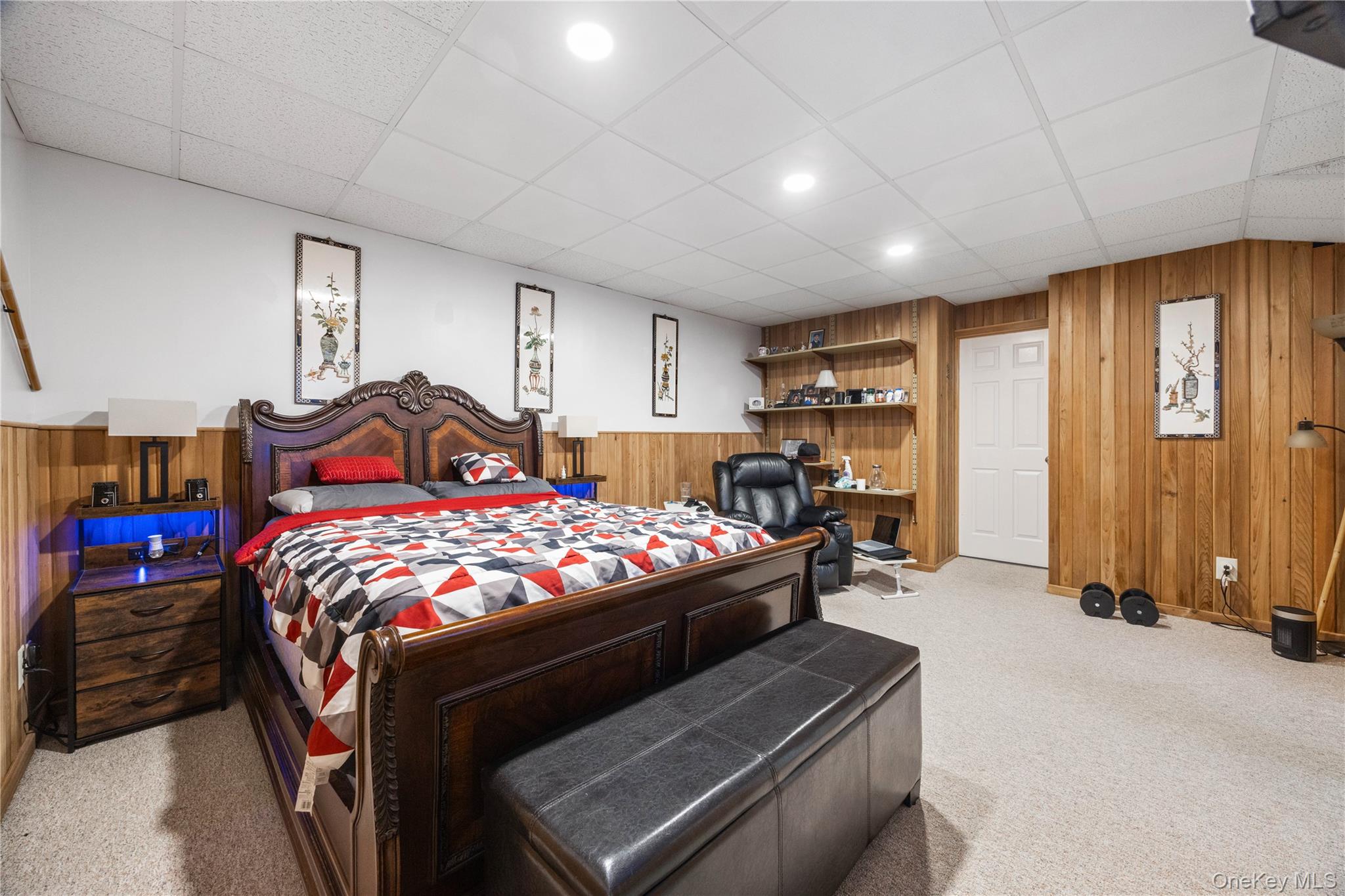 3 Miller Road Putnam Valley, NY 10579 - Photo 42 of 48 Carpeted room featuring a white drop ceiling with recessed lighting, wood paneling, and white walls