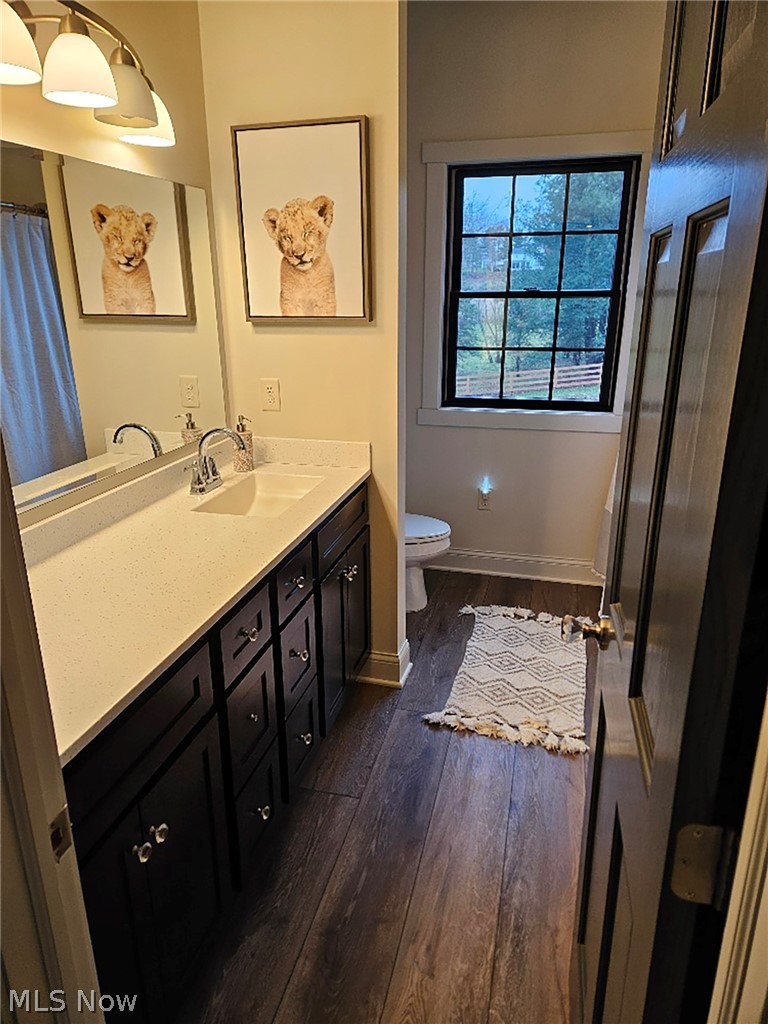 25073 Ridge Road East Rochester, OH 44625 - Photo 27 of 37 Bathroom with toilet, vanity, and hardwood / wood-style flooring