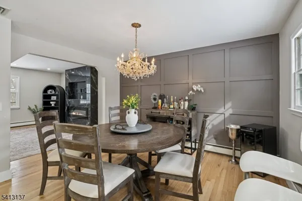 a view of a dining room with furniture