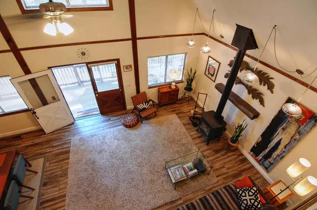 a view of a dining room with furniture and window