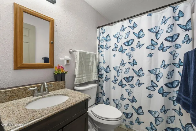 a bathroom with a granite countertop toilet a sink a mirror a lamp and a shower curtain