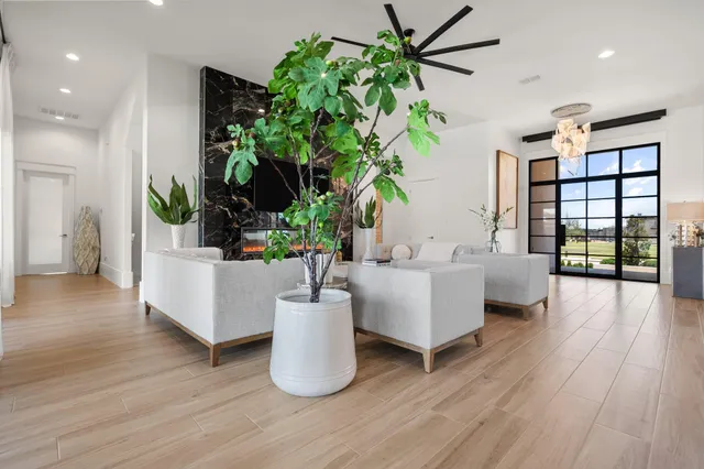 a living room with furniture and a potted plant