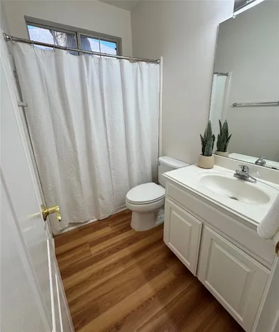 a bathroom with a sink a toilet and shower curtain