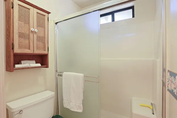 a bathroom with a toilet and a shower curtain
