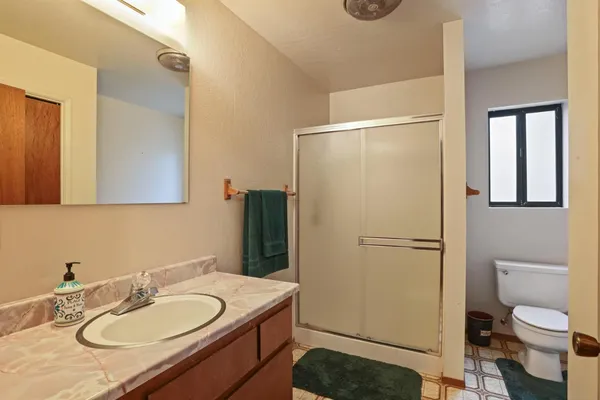 a bathroom with a granite countertop sink toilet and shower