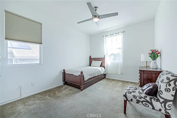 a bedroom with a bed and a potted plant