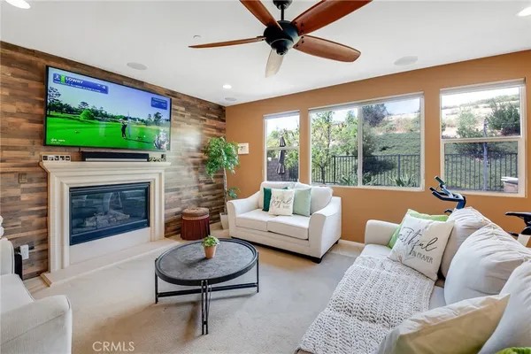 a living room with furniture a flat screen tv and a fireplace