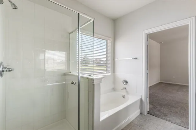 a bathroom with a bathtub and shower