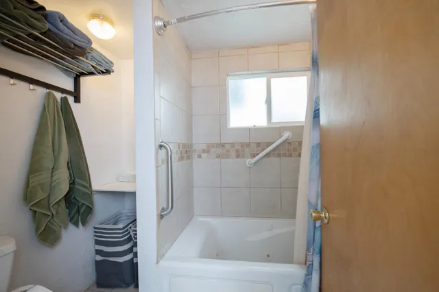 a bathroom with a bathtub and a shower