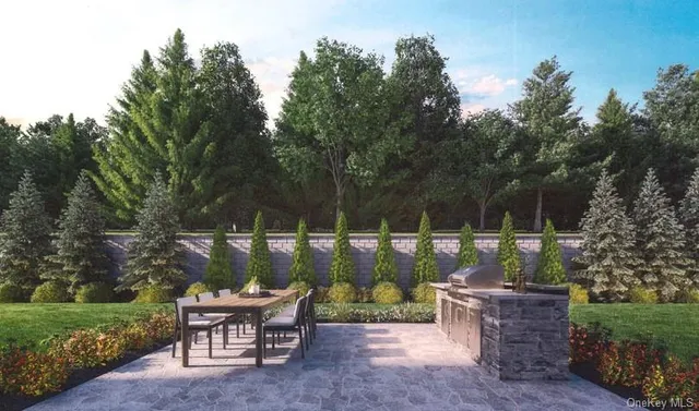 a patio with table and chairs