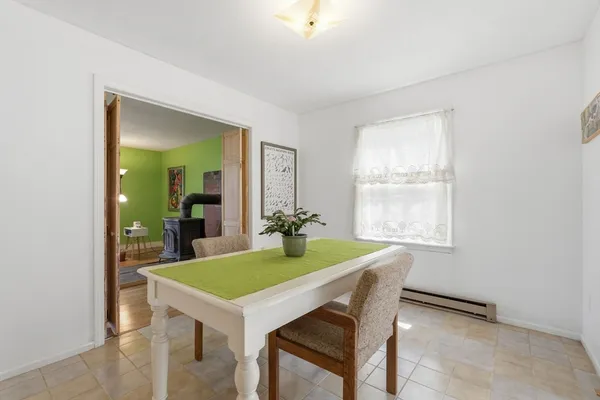 a view of a dining room with furniture and window