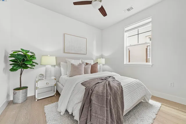 a bed room with bed and a potted plant