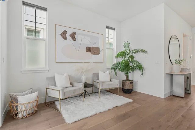a living room with furniture and a potted plant