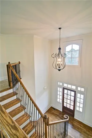 a view of a chandelier in a room