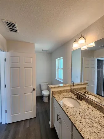 a bathroom with a granite countertop sink and a mirror