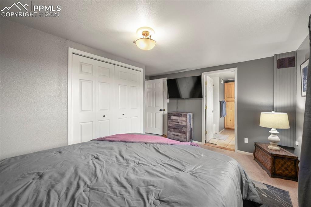 608 Slater Creek Road Guffey, CO 80820 - Photo 22 of 47 a bedroom with a bed and a flat screen tv