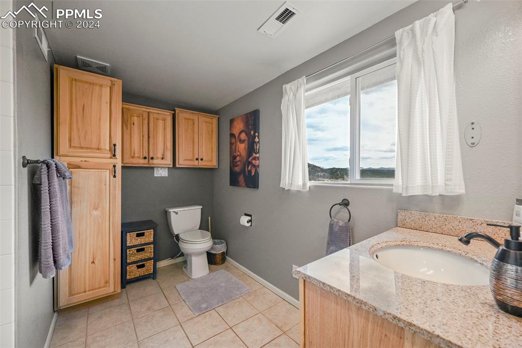 608 Slater Creek Road Guffey, CO 80820 - Photo 23 of 47 a bathroom with a granite countertop sink and a large mirror