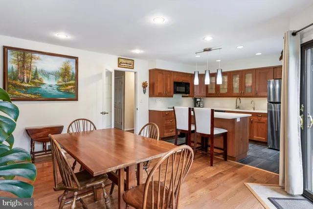 a view of a dining room with furniture