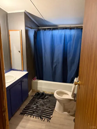 a bathroom with a sink a toilet a mirror and shower curtain