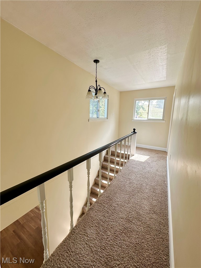 2372 Oak Grv Ext Road St. Marys, WV 26170 - Photo 16 of 23 Staircase featuring a textured ceiling, carpet flooring, and an inviting chandelier