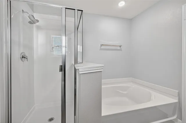 a bathroom with a bathtub and a shower