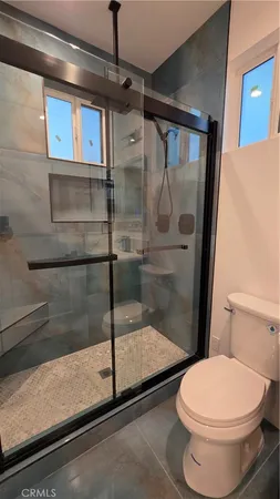 a bathroom with a shower and a toilet