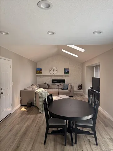 a view of a dining room with furniture