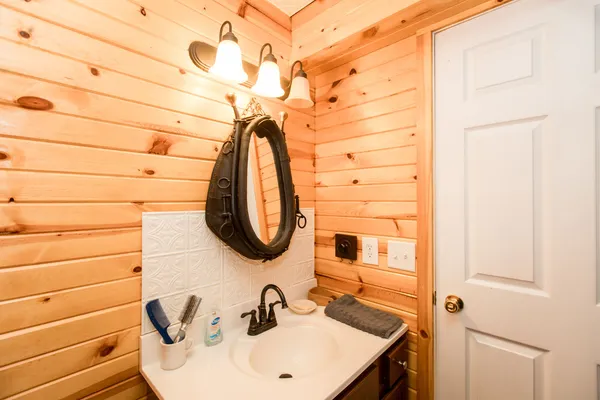 a bathroom with a sink and a mirror