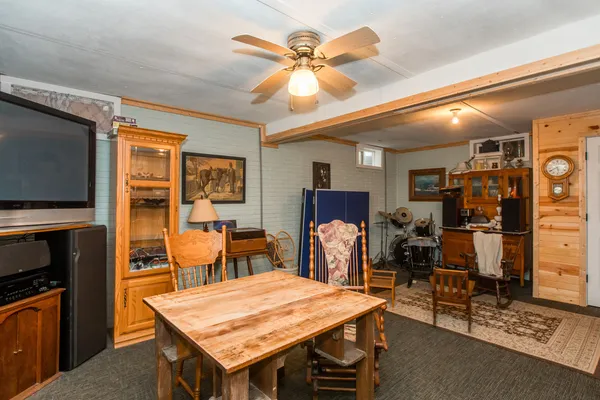 a view of a dining room with furniture