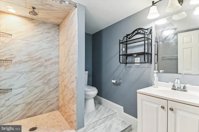 a bathroom with a sink a toilet and shower