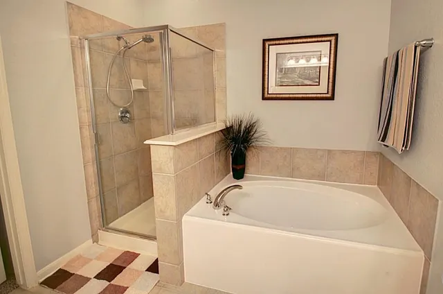 a bathroom with a bathtub and a shower