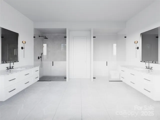a bathroom with double vanity sink a mirror and a bathtub