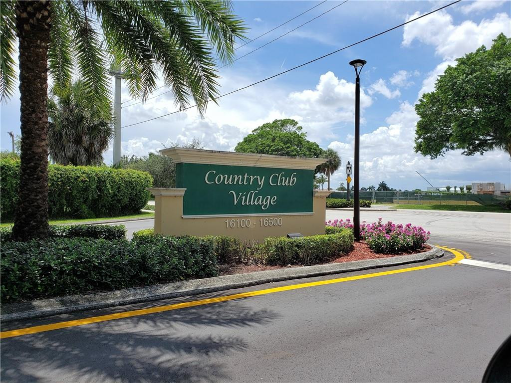 a view of a park with potted plants and palm trees