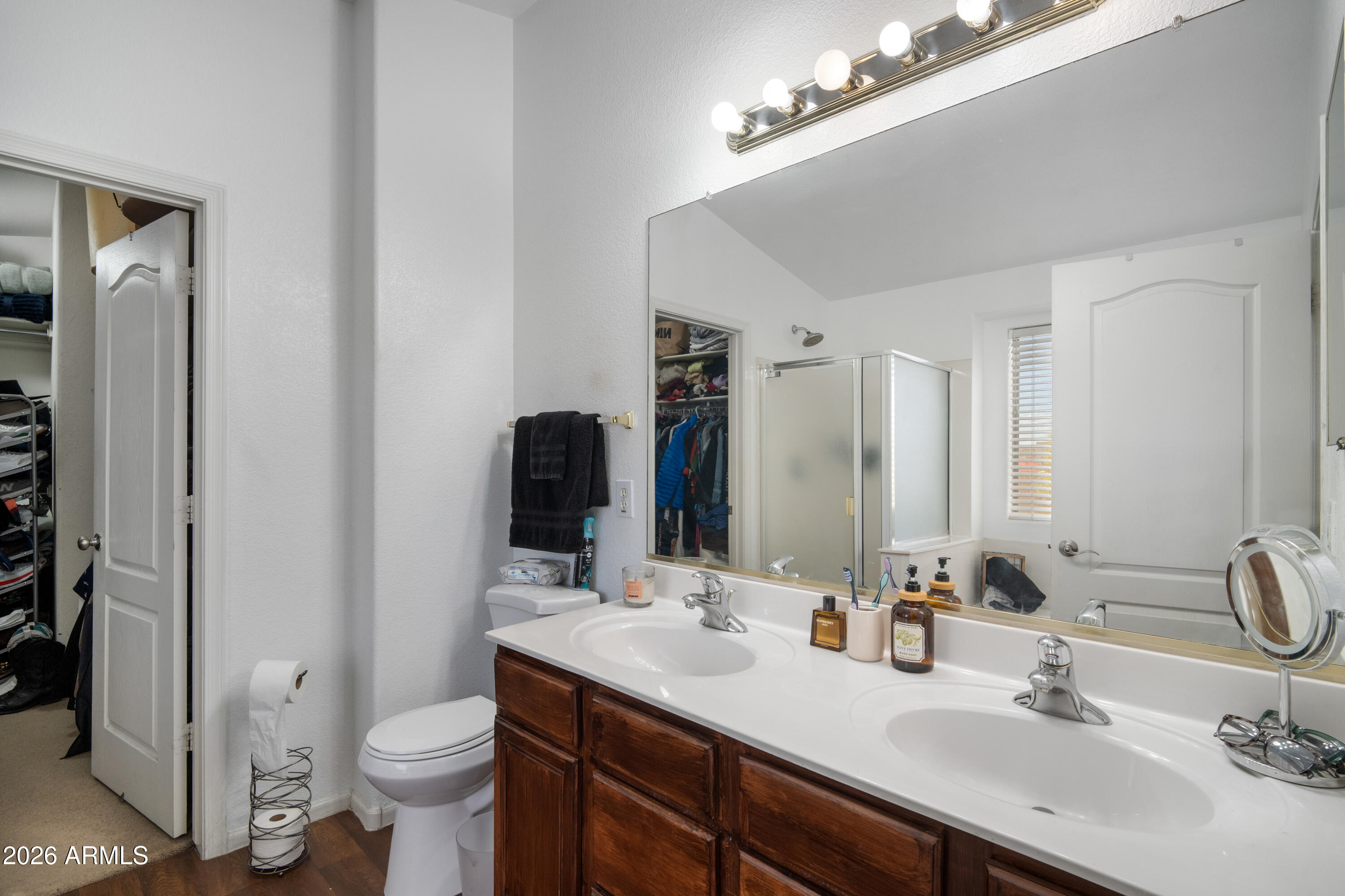 16221 West Latham Street Goodyear, AZ 85338 - Photo 15 of 30 a bathroom with a double vanity sink a toilet and a mirror