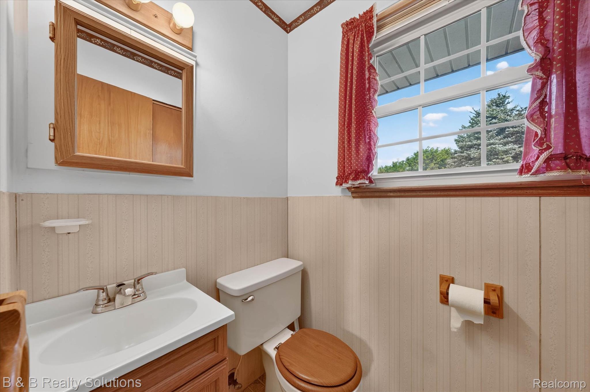 6605 Patrick Road North Branch, MI 48461 - Photo 18 of 44 Single-pane window, vanity with integrated sink, wooden medicine cabinet, wall-mounted light fixture, and wainscoting