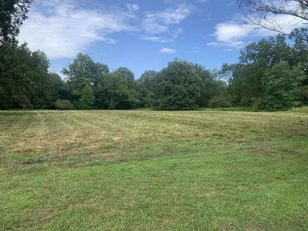 a view of a field with an ocean in the background