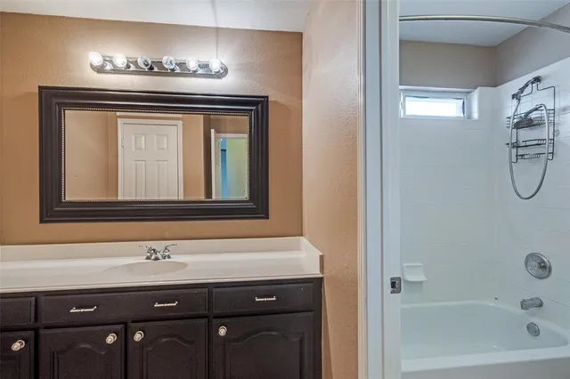 a bathroom with a sink a mirror and a shower
