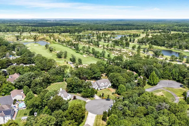 an aerial view of residential houses with outdoor space and trees