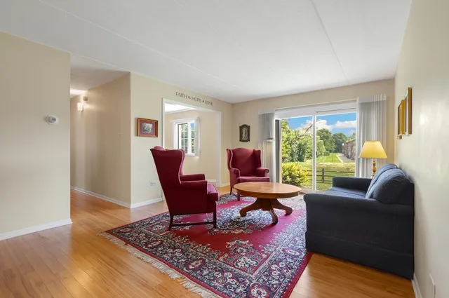 a living room with furniture and a rug