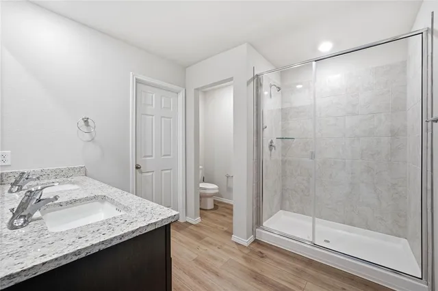 a bathroom with a granite countertop sink a toilet and shower