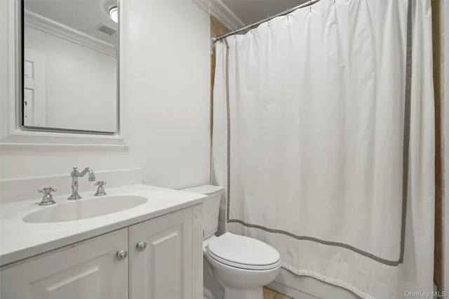 a bathroom with a sink a toilet and shower curtain