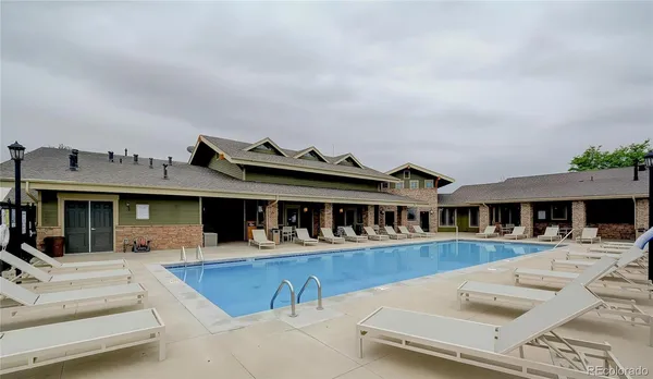 a view of a building with seating space