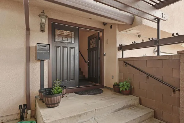 a couple of potted plants in front of door