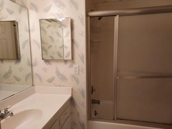 a bathroom with a shower and a sink