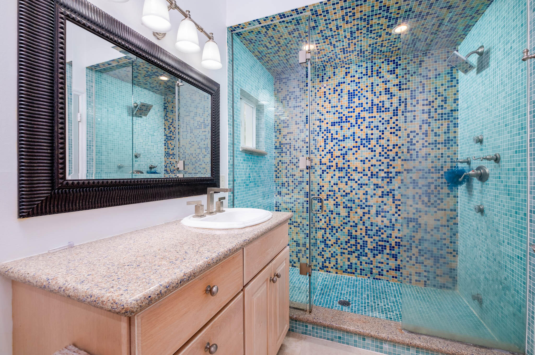 118 1st Street Key Largo, FL 33037 - Photo 11 of 25 a bathroom with a granite countertop sink a mirror and shower