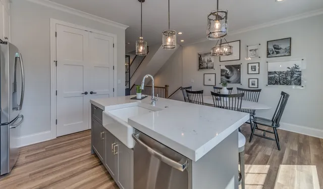 a view of a kitchen from the dining room