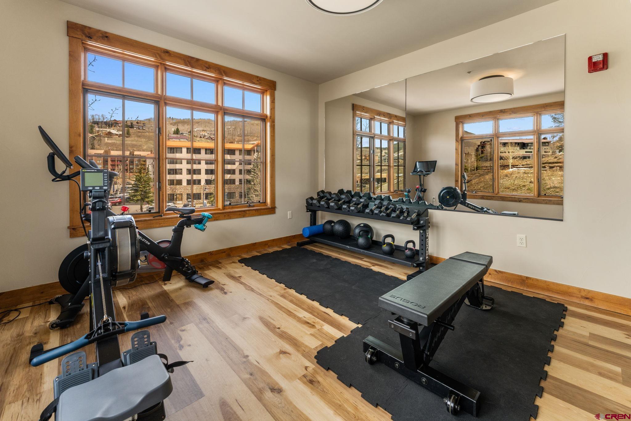 621 Gothic Road, Unit 2A Crested Butte, CO 81225 - Photo 30 of 34 a living room with furniture gym equipment and a large window
