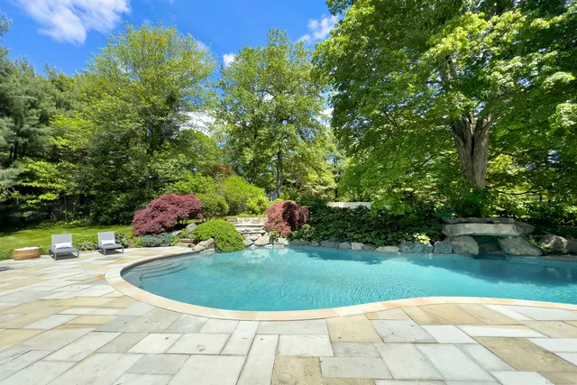 a view of a swimming pool with a yard